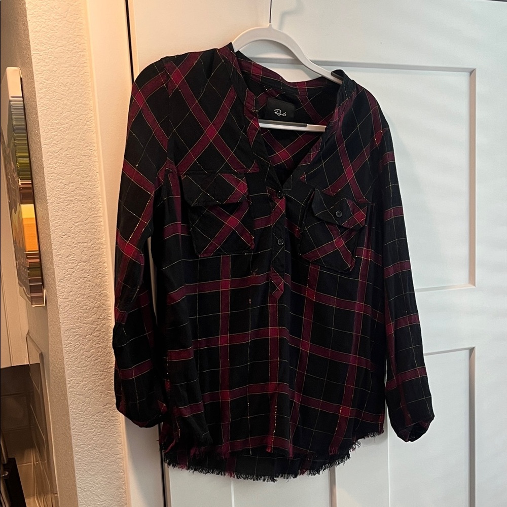 Rails Black and Burgundy Plaid Button-Front Shirt